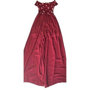 Taylor & Sage Womens Burgundy Stretch Off The Shoulder Wide Leg Jumpsuit Size S